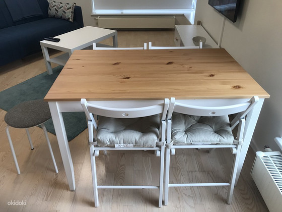 IKEA Dining Table with 4 chairs, round bench and cushions