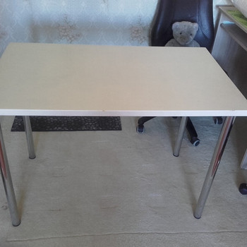 White wooden top, steel legs and frame, table