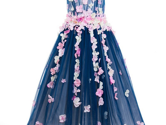 Lesy Luxury Navy Blue Full Length Tulle Dress with Flowers