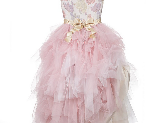 Lesy Luxury Jacquard Flower Girls Pink-Gold Long Tulle Dress