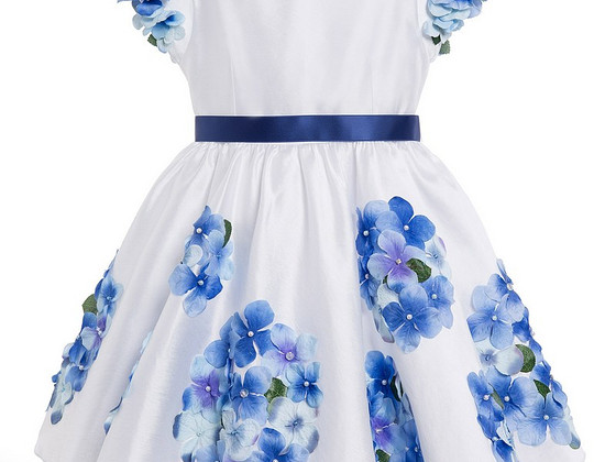 Lesy Luxury Flower Girls White Satin Blue Flower Party Dress