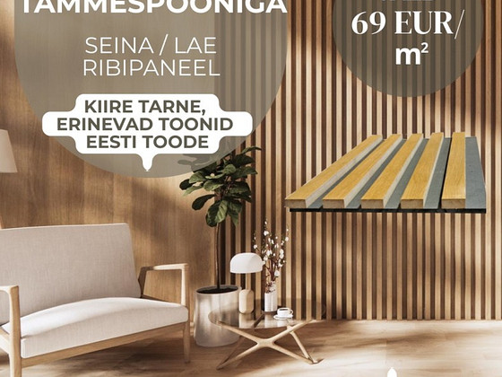 Naturaalse tammespooniga seina/lae ribipaneel.