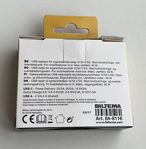 Biltema USB charger 12/24 V, 1 x USB C and 2 x. USB A, 40 W (2 фото из 4)
