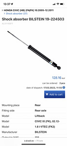 Амортизаторы Хонда bilstein 19-224503 (4 фото из 4)