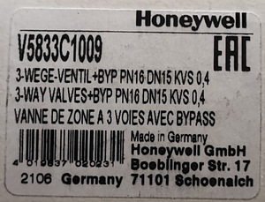 Honeywell V5833c1009 3-tee ventiil + BYP 15mm (3 foto / 3)