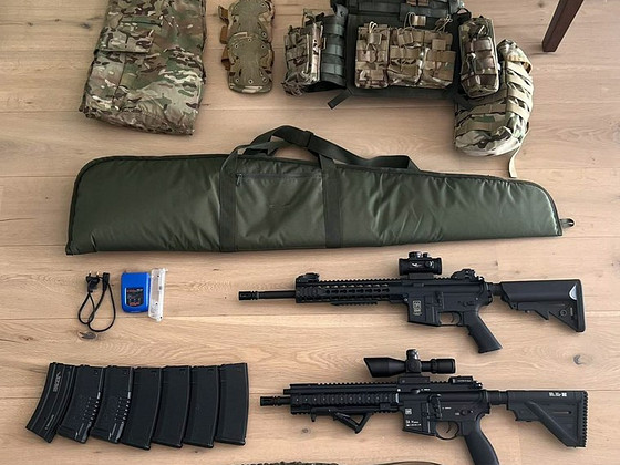 Airsoft varustus - relvad, plaadikandja, püksid, nodi