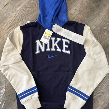 Nike retro logo fleece colourblock hoodie in off white/ navy