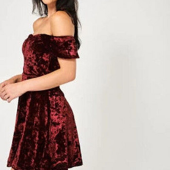 Crushed Velvet Off Shoulder Burgundy Dress Ex Brand Size M
