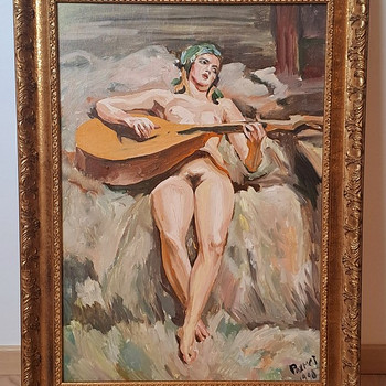 Обнажённая с мандолиной. Масляная живопись на холсте, в раме