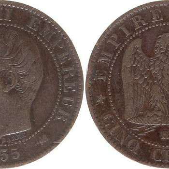 Монета Франция 5 сантимов Наполеон III - Без шляпы - 1855 K Бордо