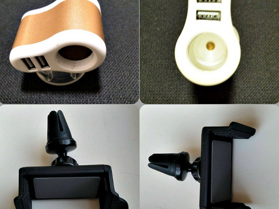 Autolaadija-adapter ja telefonihoidja.
