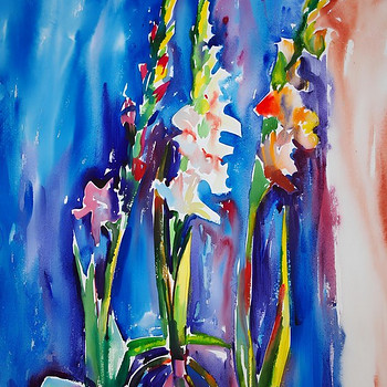 Abstraktsed lilled akvarellis 50 × 70 cm, originaalmaal