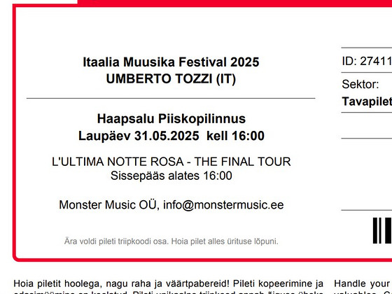 2 билета на Итальянский Музыкальный Фестиваль 2025 UMBERTO TOZZI (IT)