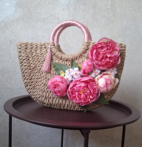 Boho-stiilis pojengidega raffiakott | Punutud suvekott | (3 foto / 6)