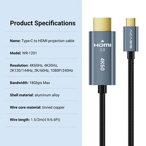 Acasis USB-C to HDMI 4K@60Hz Aluminum Shell Braided Cable (6 foto / 8)