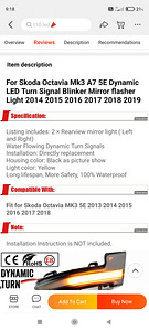 Škoda Octavia 2013-2018 светодиодные динамические указатели поворота в зеркале (3 фото из 6)