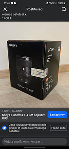 Sony FE 35mm F1.4 GM objektiiv UUS! (1 foto / 1)