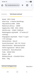 Aktiivkõlar BLG 15" 600Wrms D-klass BT (2 foto / 4)