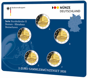 Saksamaa 2 Euromüntide komplekt BU 2026 – Bremen – ADFGJ (1 foto / 1)