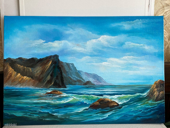 Картина маслом "Море под горами" 40 см x 60 см