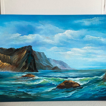 Картина маслом "Море под горами" 40 см x 60 см