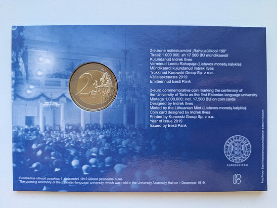 Eesti 2€ mündikaart 2019 Rahvusülikool100