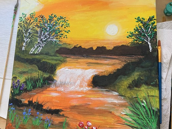 Озеро и водопад на заходе солнца, акрил, картина 40x30