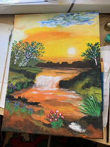Järv ja juga päikeseloojangul, akrüül, maal 40x30 (1 foto / 3)