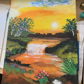 Озеро и водопад на заходе солнца, акрил, картина 40x30