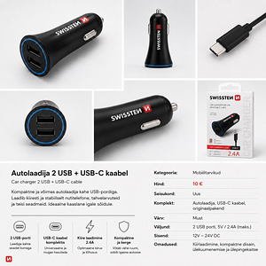 Autolaadija 2 USB + USB-C kaabel (SWISSTEN) (2 foto / 3)