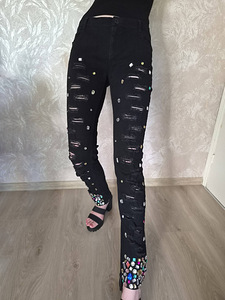 Чёрные женские штаны стразы XL skinny одежда джинсы (4 фото из 5)
