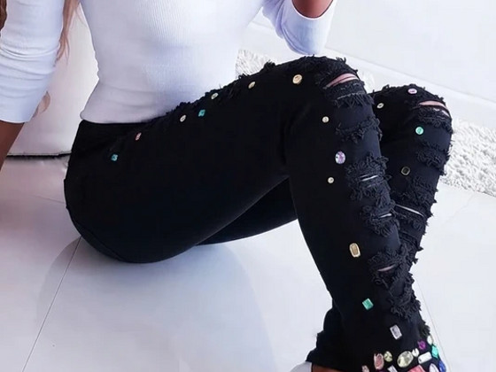 Чёрные женские штаны стразы XL skinny одежда джинсы