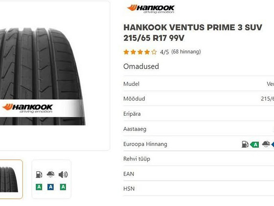 Летняя резина 215/65/R17 Hankook Ventus Prime 3 SUV