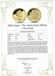 Золотая монета 2020 Angel The Anniversary Edition 1/4oz Proof (3 фото из 3)