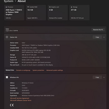 Lenovo Legion Slim 5 16APH8 - RTX 4060 - I7 ultra 255HX