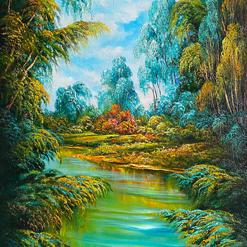 Õlimaal "Värviline metsajõgi" 90 cm x 60 cm, küljelt 3,5 cm