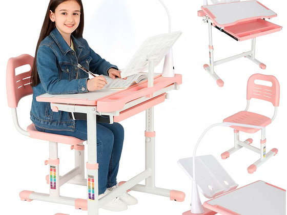 Детский письменный стол, регулируемый стул, LED-лампа, USB, розовый.