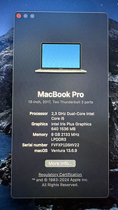 Apple Macbook Pro 2017, 2x Thunderbolt3 (7 фото из 7)