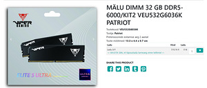 DDR5 Operatiivmälu, Patriot Elite 5 Ultra 32GB (1 foto / 1)