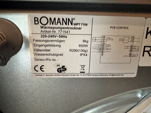Продается сушильная машина с тепловым насосом Bomann WPT 7154, 8 кг (3 фото из 3)