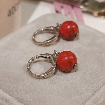 Red Bead Drop Huggie Hoop Earrings / Silver-toned / Minimali