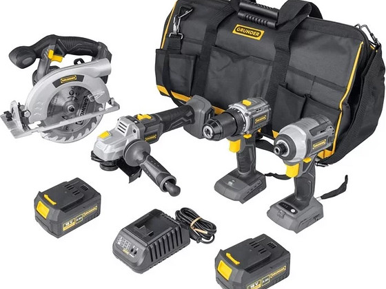 Tööriistade komplekt Grunder CD-B0A18+CS-L1118+CW-B1218E+AG-B0218 18V 4Ah