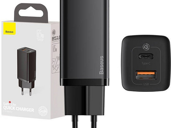 Baseus GaN2 Lite Quick Charger 65W with USB & Type-C, black