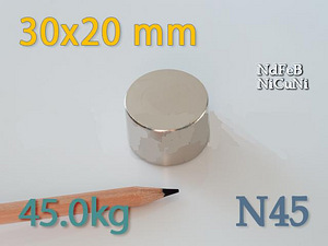 Неодимовый магнит диск 30*20mm сила 45kg (1 фото из 2)