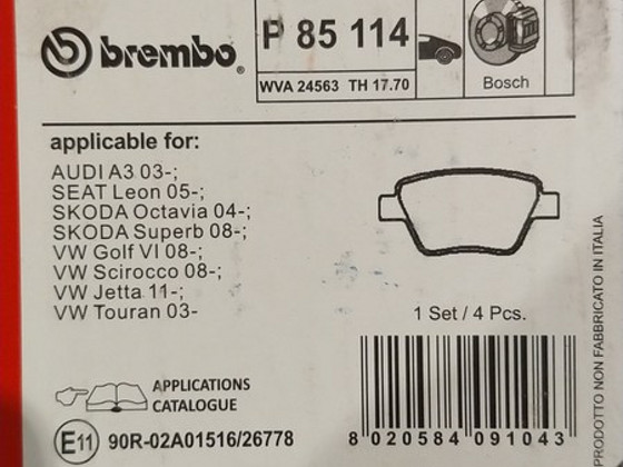 Brembo piduriklotsid P85114 A3, Leon, Octavia, Superb, Jetta